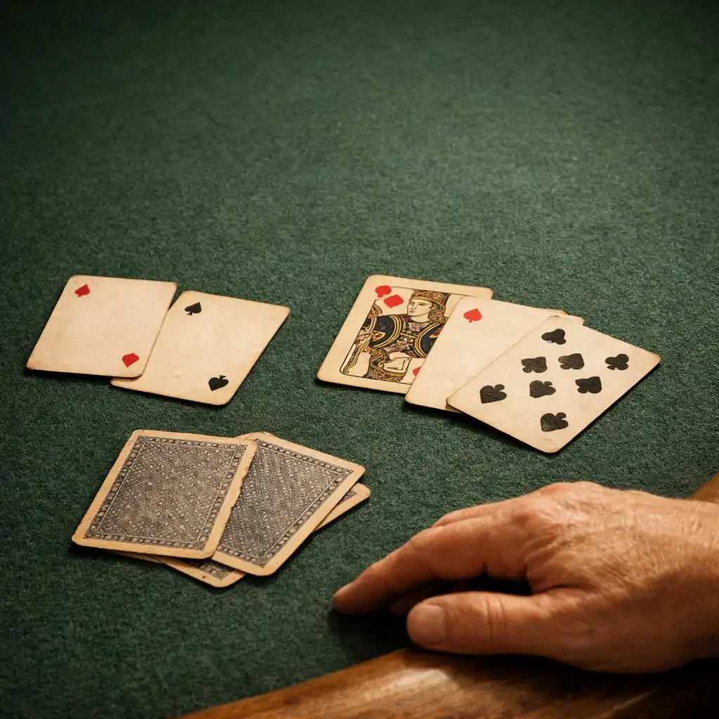 Real playing cards on green felt with an adult hand resting near the timber table edge