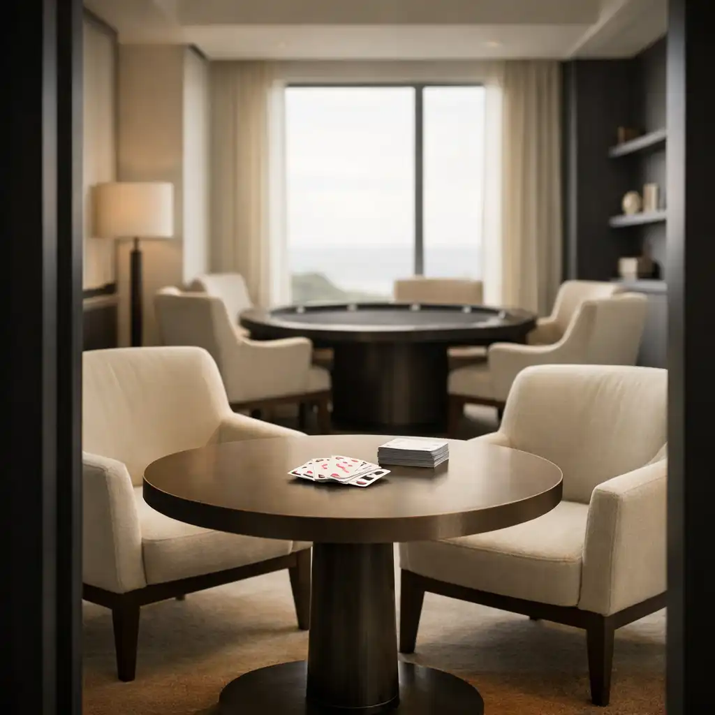 Quiet card lounge interior with a small table and real cards