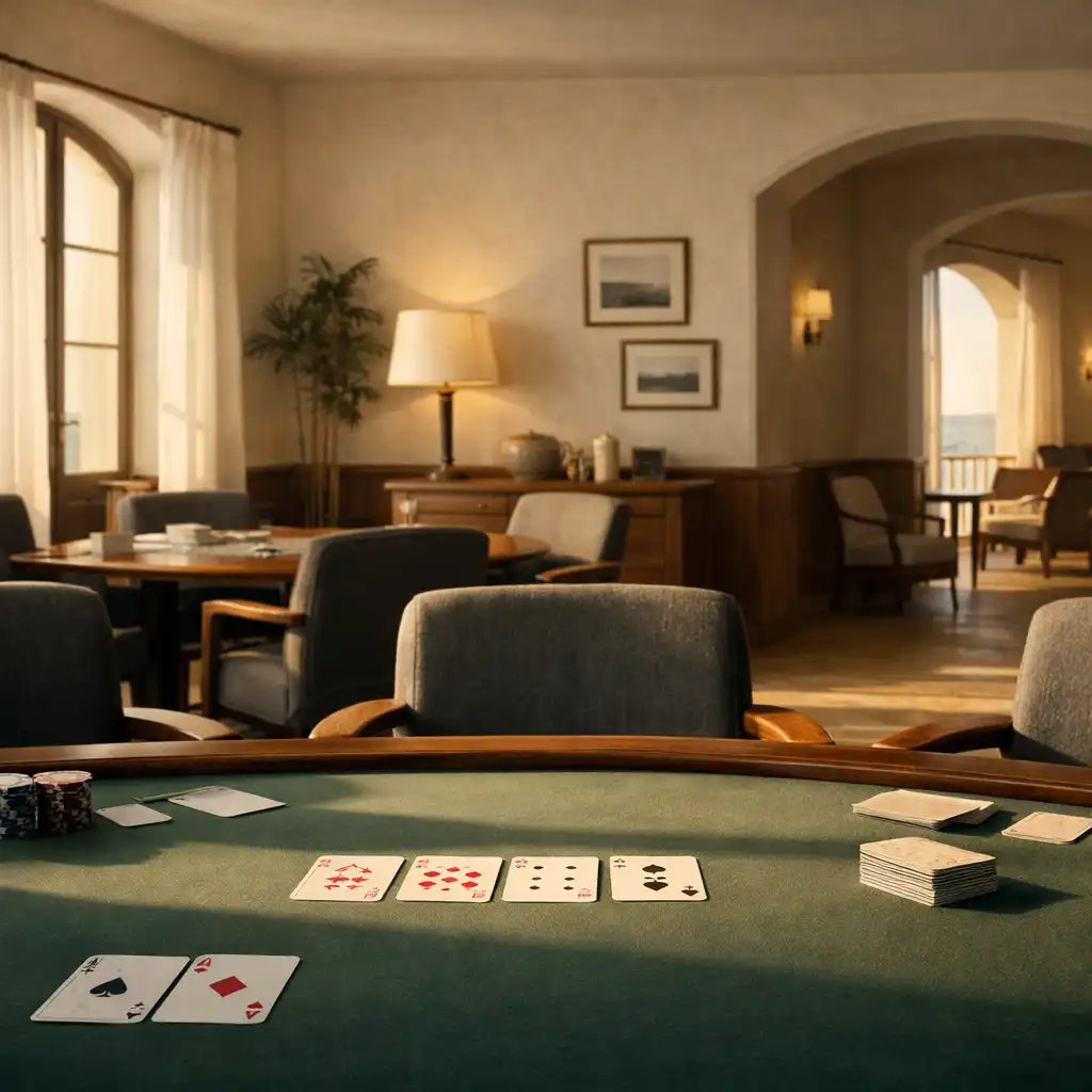 A dedicated poker table with felt and empty chairs held in soft light in the Card Lounge