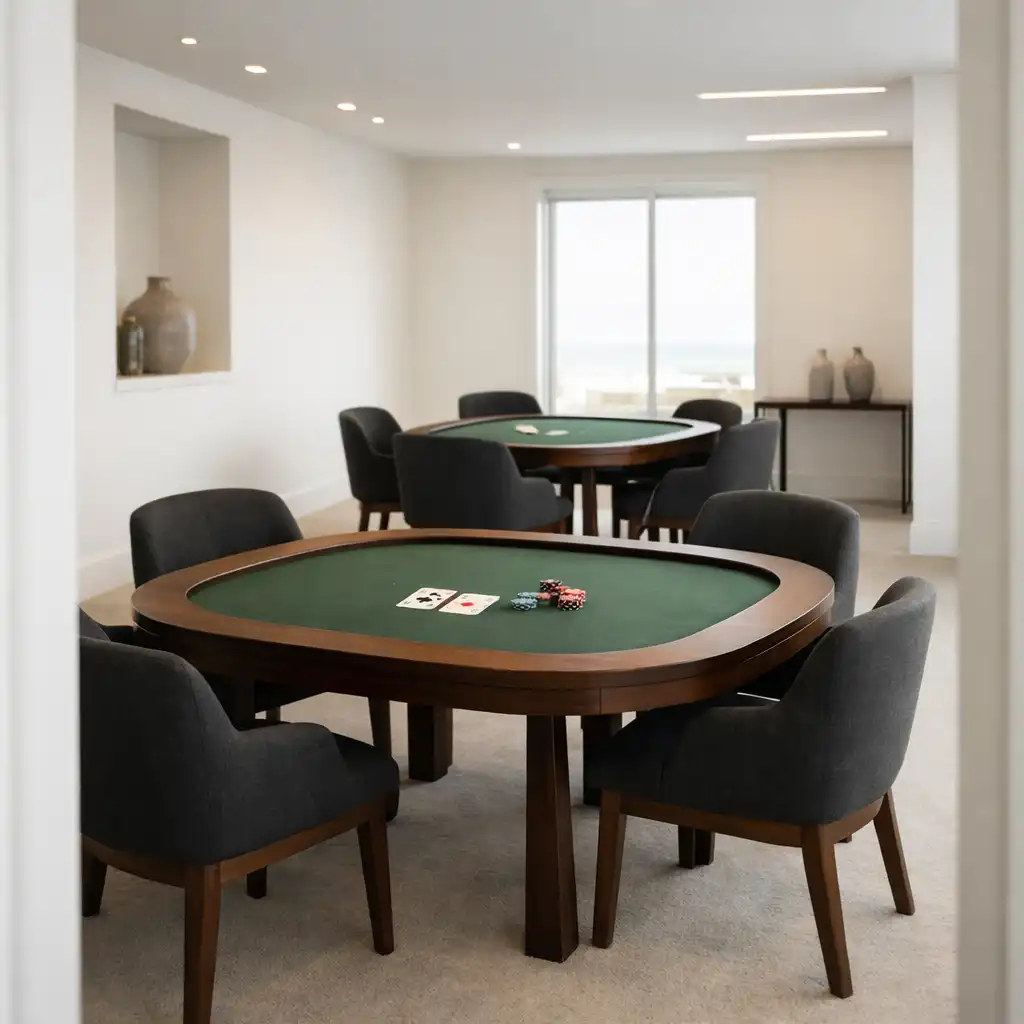 Dedicated poker tables with green felt, timber edges and chairs in the Card Lounge
