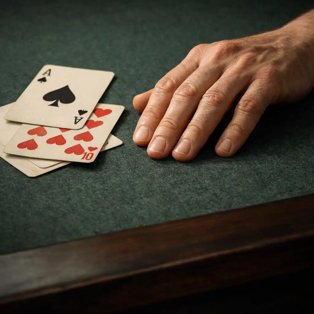 Adult hand resting beside real cards on dark green felt near a refined table edge.