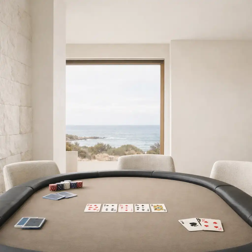 Dedicated poker table with real cards and empty chairs in a calm Rottnest room