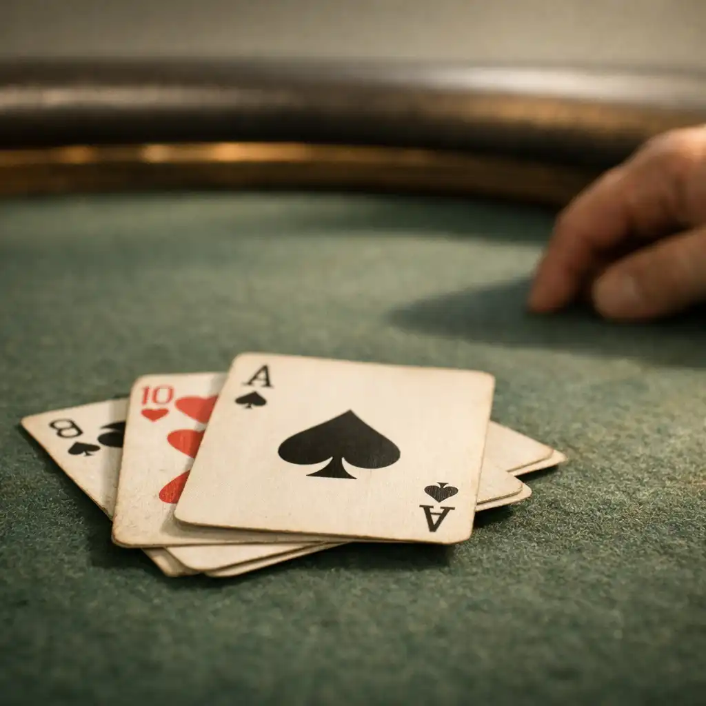 Real playing cards resting on textured felt at a poker table