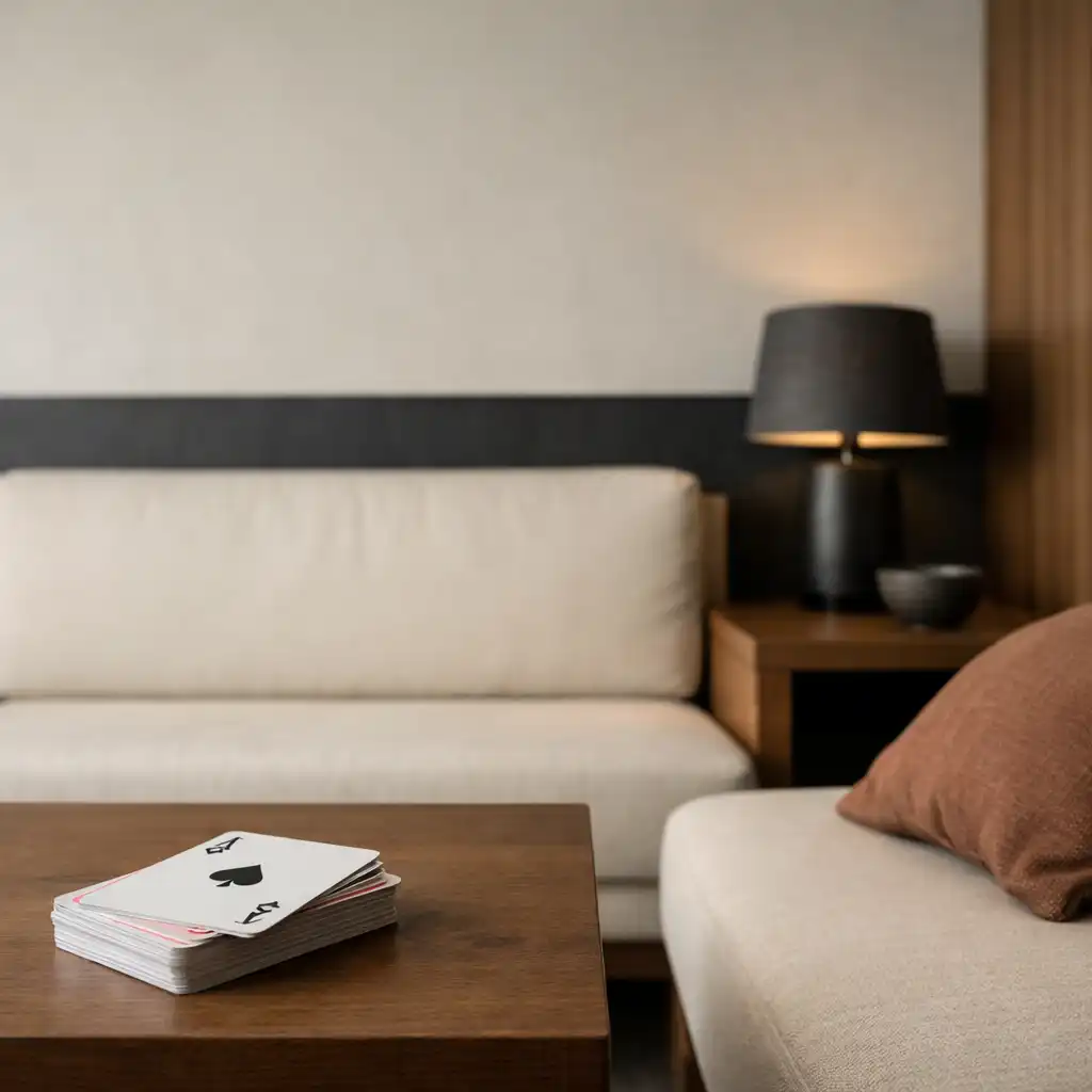 Warm ivory seating and a timber side table in the Card Lounge at Poker Lodge Rottnest