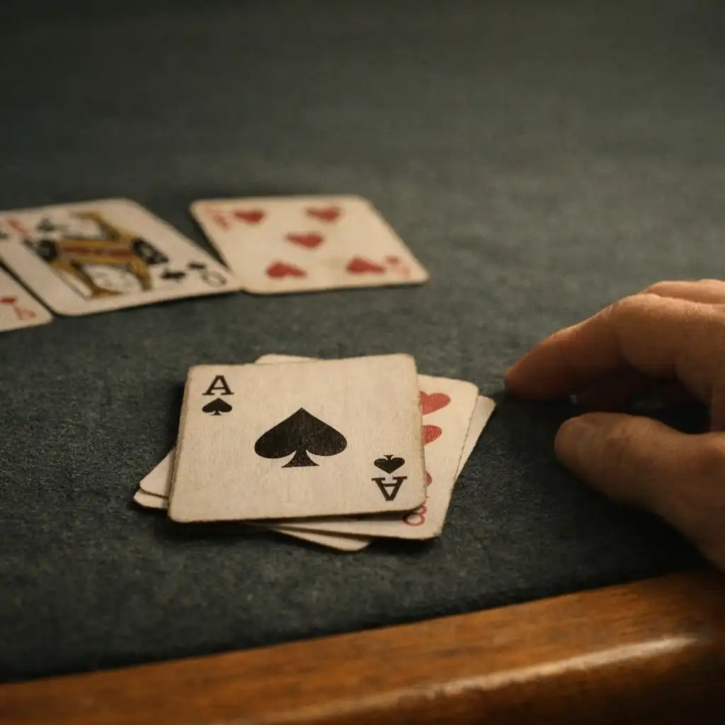 Real playing cards on dark felt beside a warm timber poker table edge
