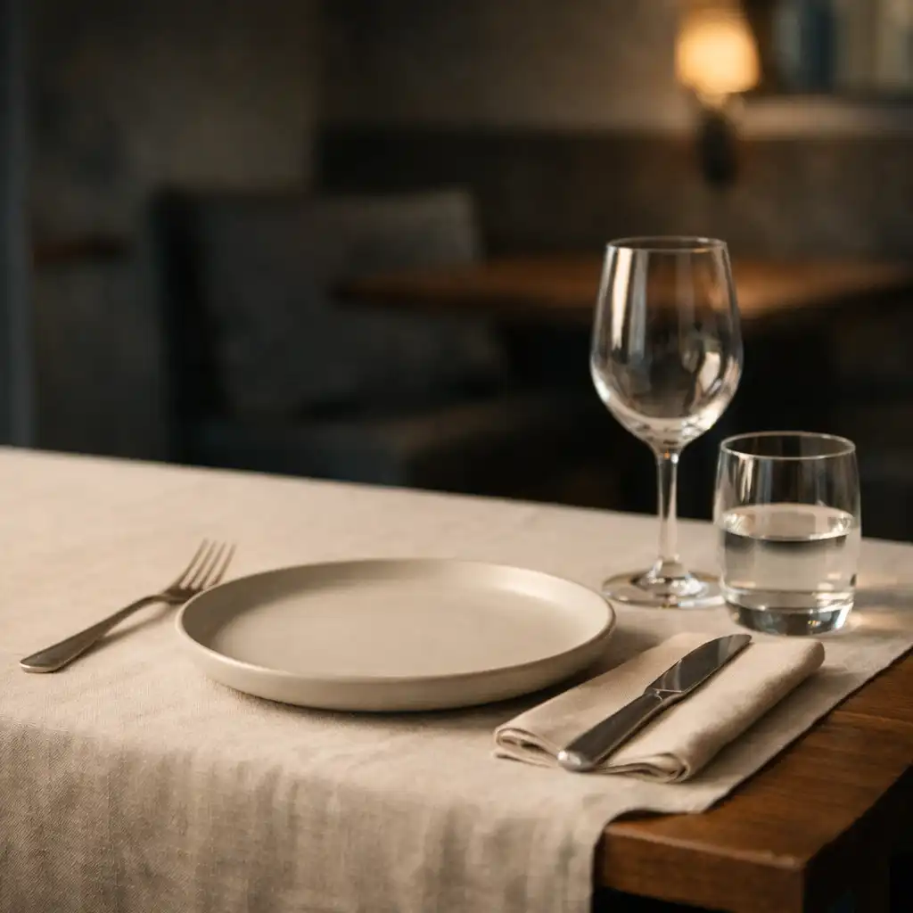 Warm ivory linen, ceramic plate and glassware on a quiet restaurant table setting