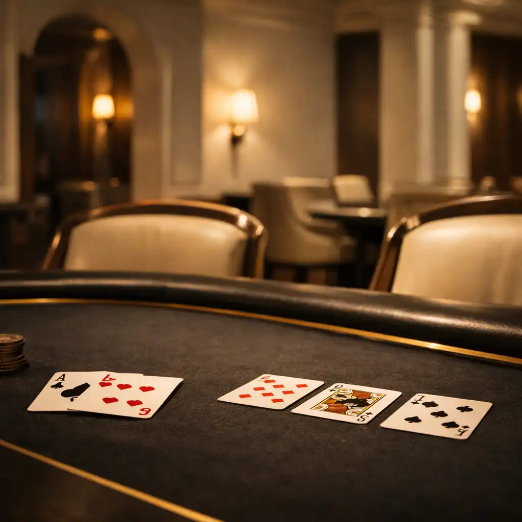 Evening detail of real cards and a dedicated poker table in warm room light