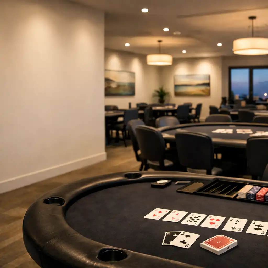 Dedicated poker tables arranged in the softly lit poker room at Poker Lodge Rottnest