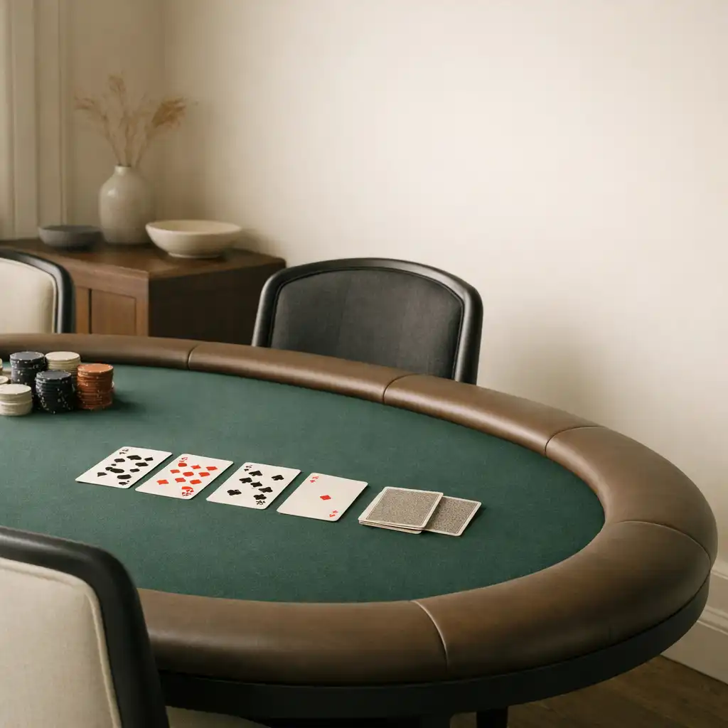 A dedicated poker table with muted green felt and real cards in the composed poker room at Poker Lodge Rottnest