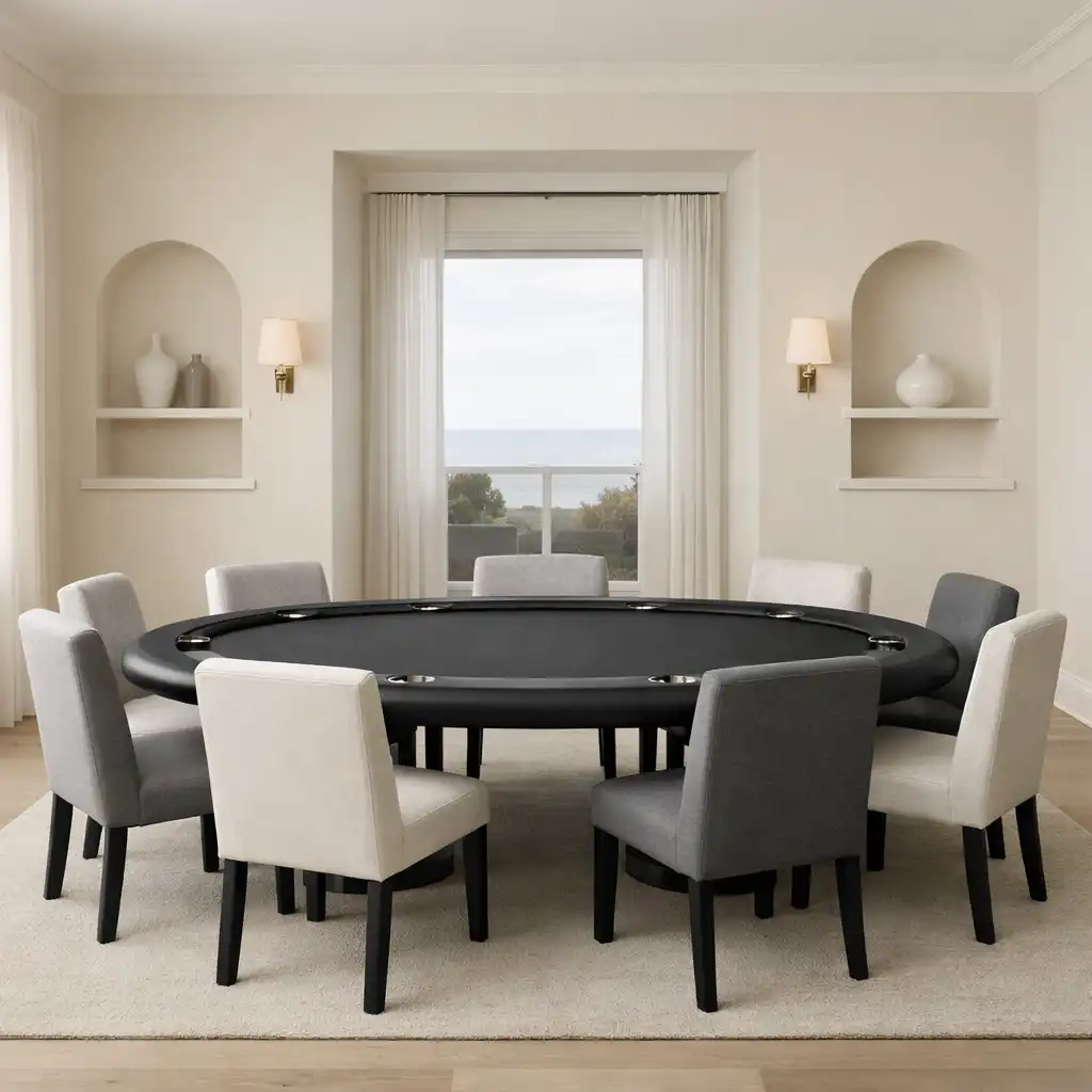 Architectural view of a calm poker room with a dedicated felt table at its centre.