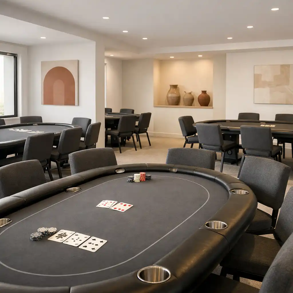 Wide view of dedicated poker tables arranged in the composed poker room