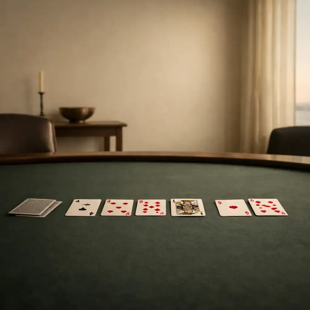 Prepared poker table with real cards on felt in a quiet coastal interior.