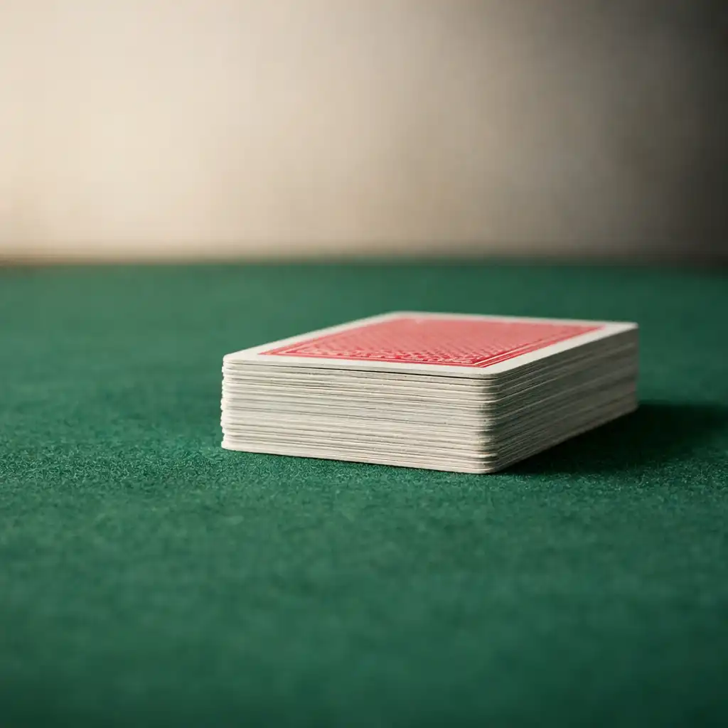 A neat deck of real playing cards resting on dark green felt.