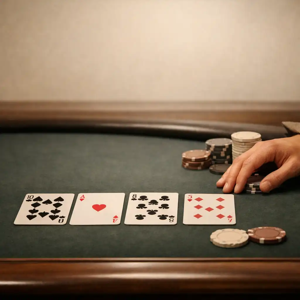 Real cards and a relaxed hand beside the edge of a dedicated poker table