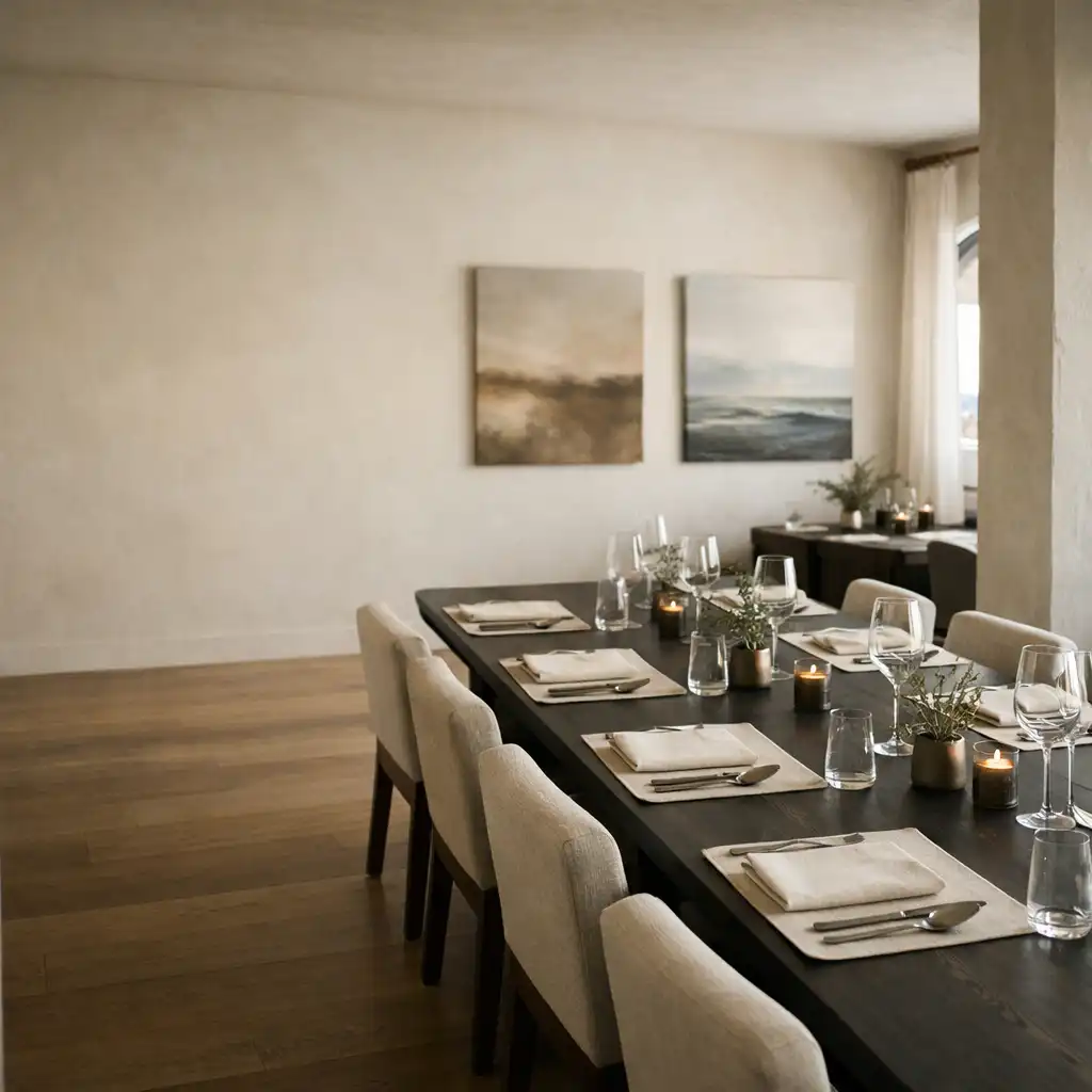 Quiet dining room with pale linen settings, warm ivory walls and dark table edges