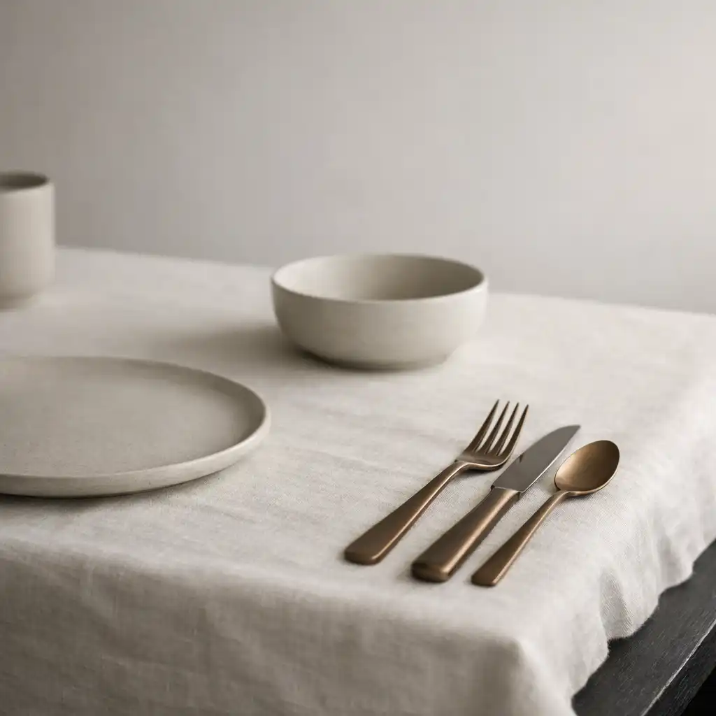 Ivory linen, ceramic tableware and a dark timber table edge in soft natural light