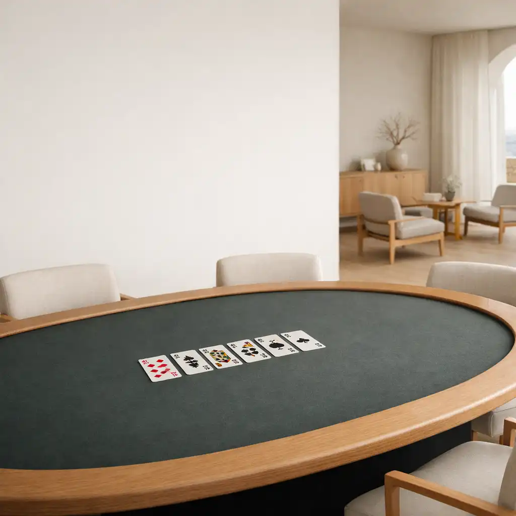Dedicated poker table with dark felt in the composed Poker Lodge Rottnest room.