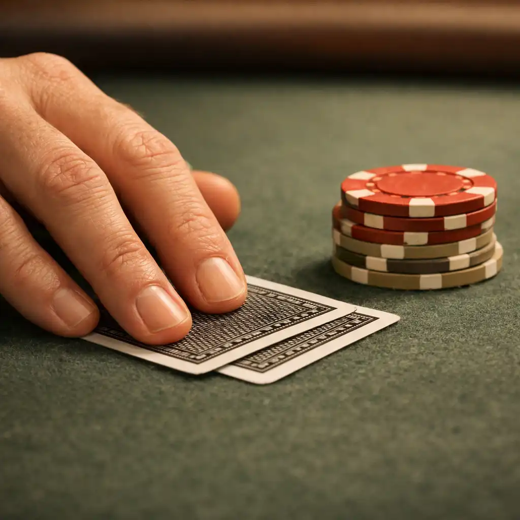 Adult hand near real cards on textured felt at a poker table