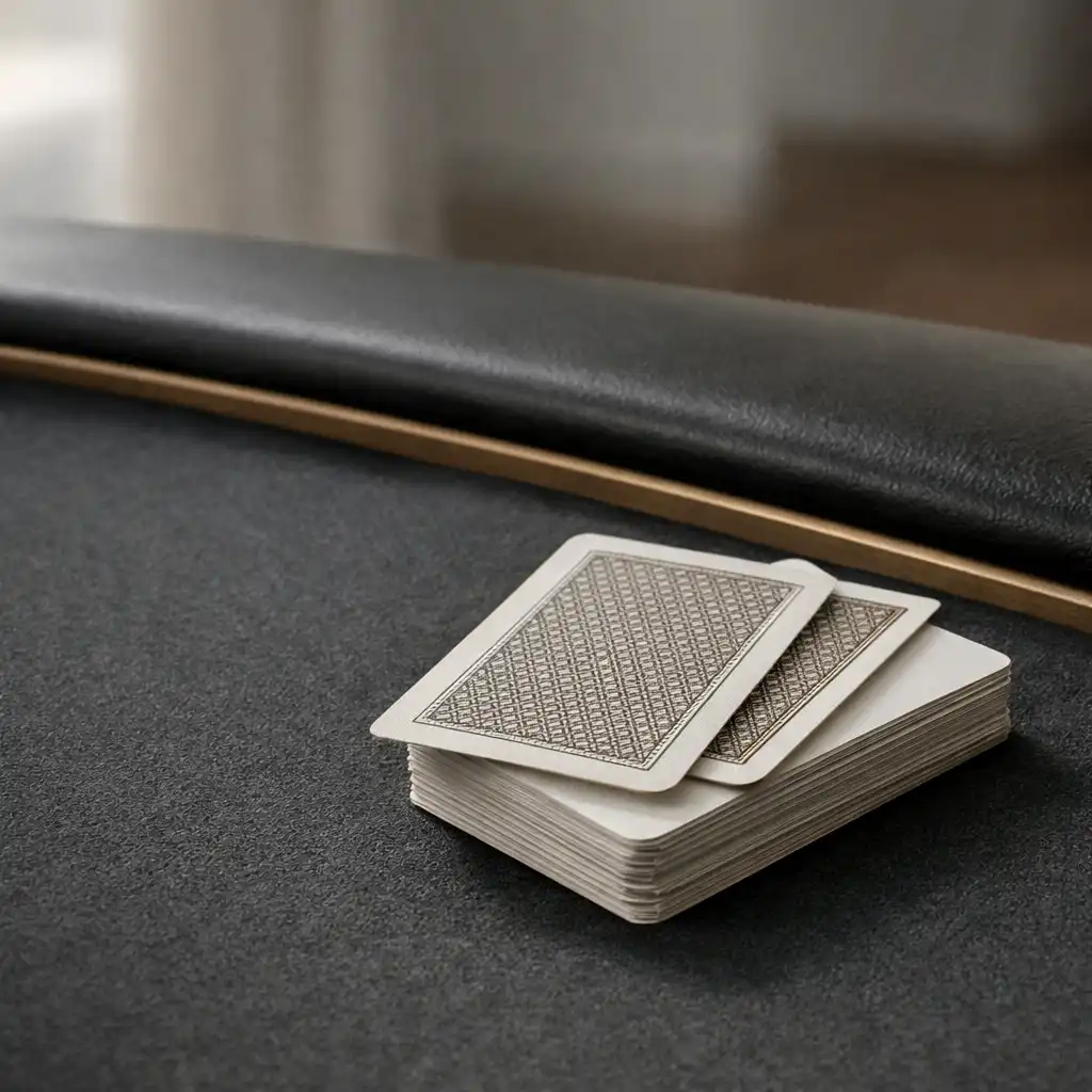 Real playing cards beside the edge of a dedicated poker table