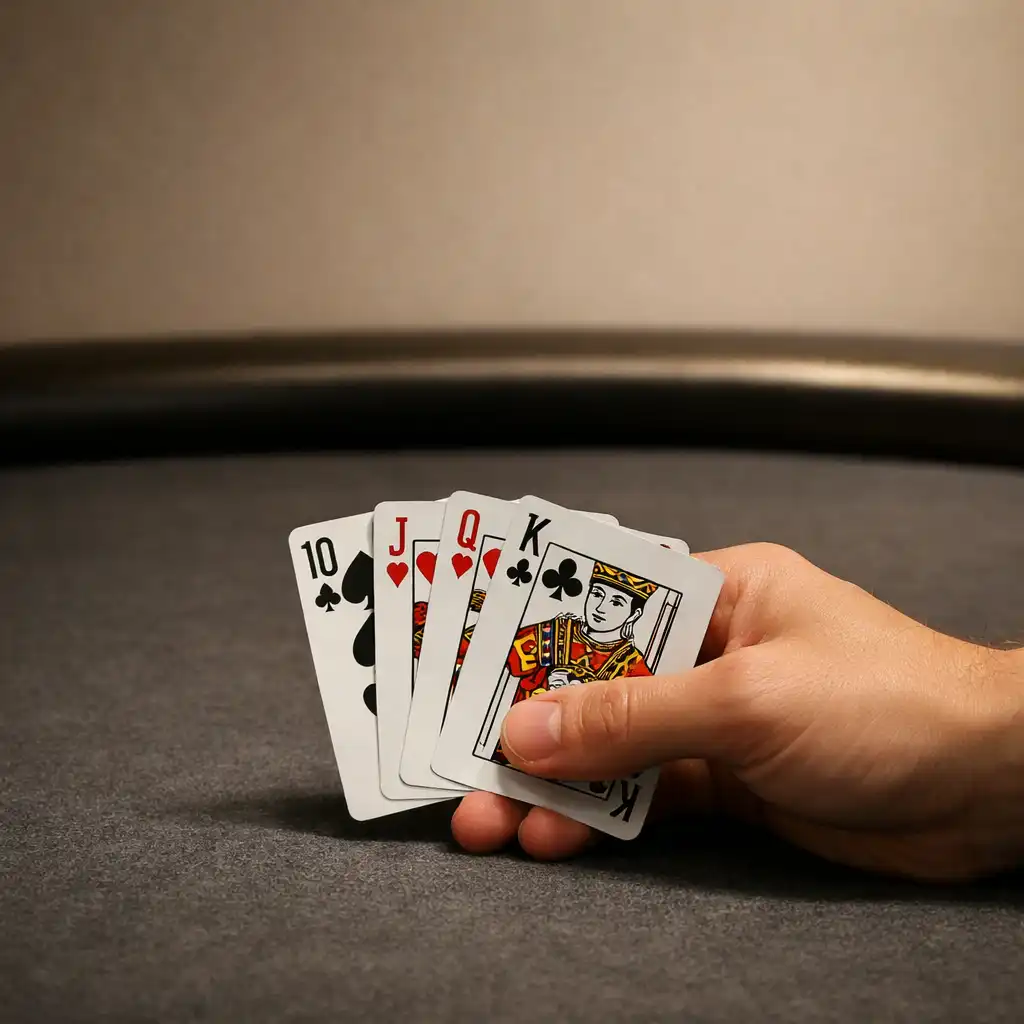 An adult hand holding real playing cards above charcoal felt at a dedicated poker table.