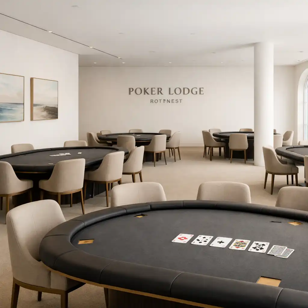 A broad view of dedicated poker tables in the calm, prepared interior of the Poker Lodge Rottnest poker room.