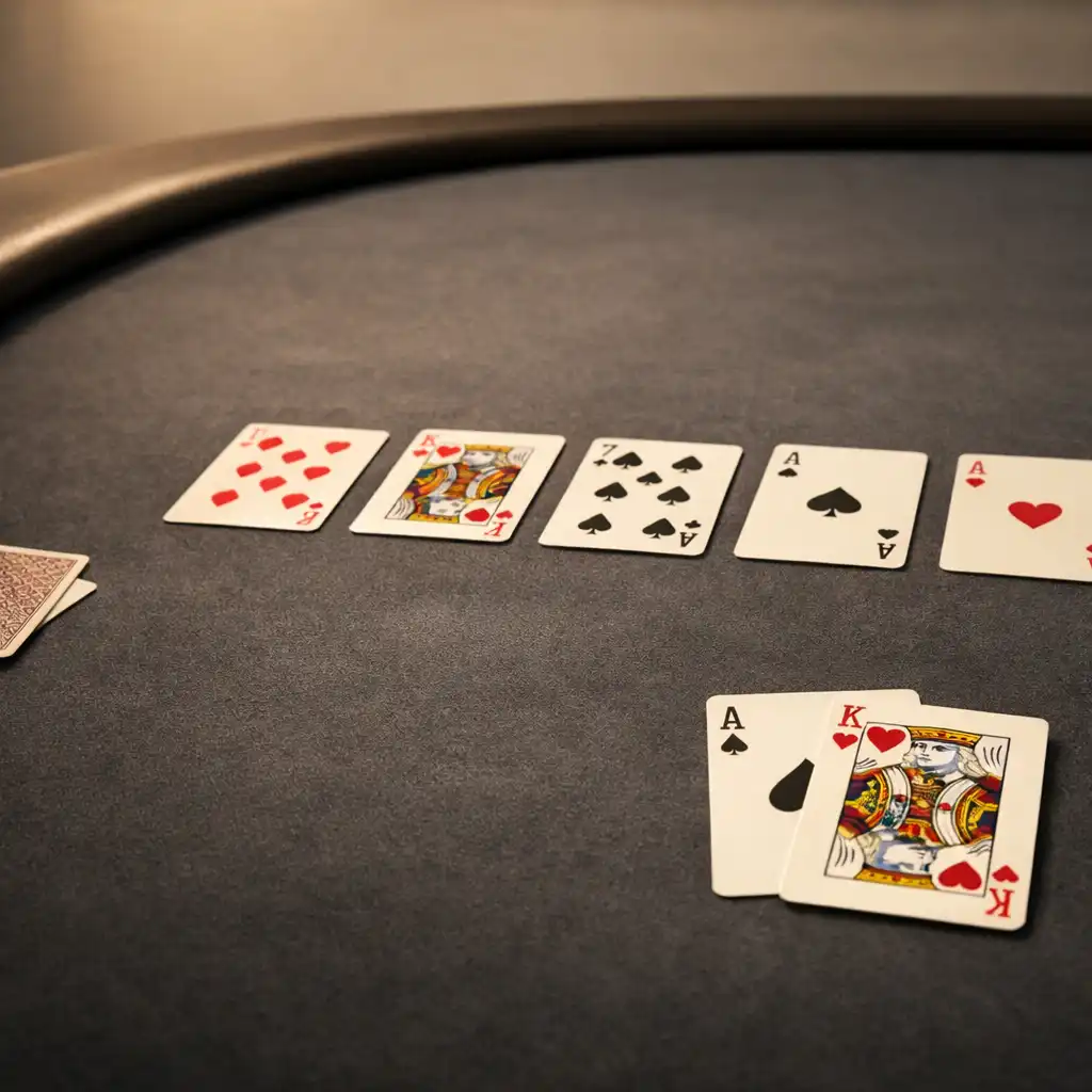 Real playing cards resting on charcoal felt beside the edge of a dedicated poker table.