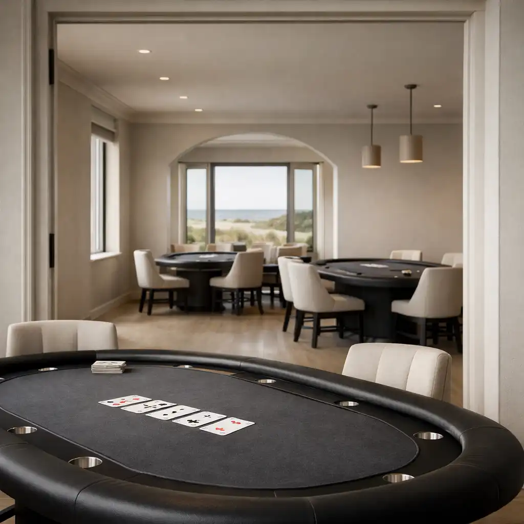 Dedicated poker tables arranged in the composed interior of the Poker Lodge Rottnest poker room.